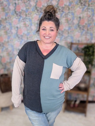 Kaylee V-neck Urban Ribbed Long Sleeve Colorblock Top (2 Colors)-2- Long Sleeve Tops-HEIMISH-Styled by Stacked - A Plus Size Women's Boutique in Lakeville, MN