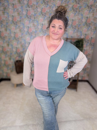 Kaylee V-neck Urban Ribbed Long Sleeve Colorblock Top (2 Colors)-2- Long Sleeve Tops-HEIMISH-Styled by Stacked - A Plus Size Women's Boutique in Lakeville, MN
