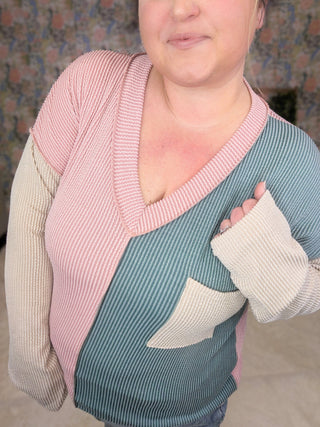 Kaylee V-neck Urban Ribbed Long Sleeve Colorblock Top (2 Colors)-2- Long Sleeve Tops-HEIMISH-Styled by Stacked - A Plus Size Women's Boutique in Lakeville, MN