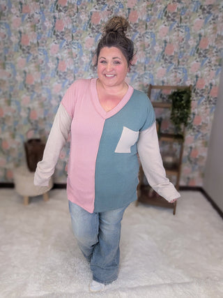 Kaylee V-neck Urban Ribbed Long Sleeve Colorblock Top (2 Colors)-2- Long Sleeve Tops-HEIMISH-Styled by Stacked - A Plus Size Women's Boutique in Lakeville, MN