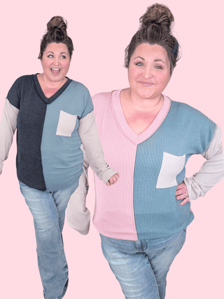 Kaylee V-neck Urban Ribbed Long Sleeve Colorblock Top (2 Colors)-2- Long Sleeve Tops-HEIMISH-Styled by Stacked - A Plus Size Women's Boutique in Lakeville, MN