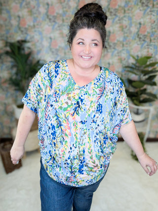 Kayse Vneck Dolman Short Sleeve in Bright Botanicals (3 colors)-1- ShortSlv/Slvless Tops-BE STAGE-Styled by Stacked - A Plus Size Women's Boutique in Lakeville, MN