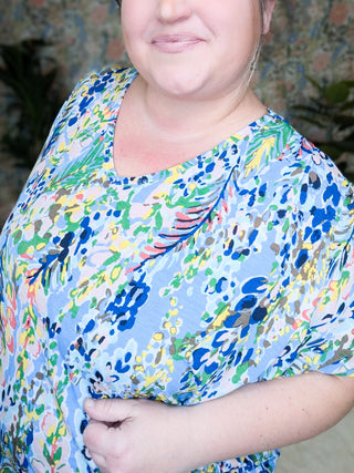 Kayse Vneck Dolman Short Sleeve in Bright Botanicals (3 colors)-1- ShortSlv/Slvless Tops-BE STAGE-Styled by Stacked - A Plus Size Women's Boutique in Lakeville, MN