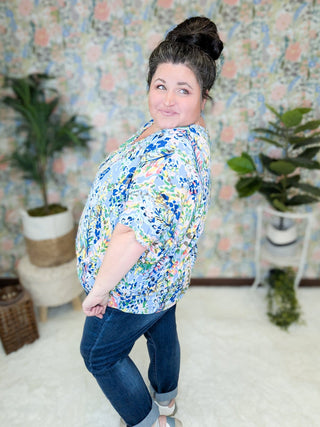 Kayse Vneck Dolman Short Sleeve in Bright Botanicals (3 colors)-1- ShortSlv/Slvless Tops-BE STAGE-Styled by Stacked - A Plus Size Women's Boutique in Lakeville, MN