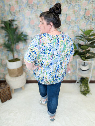 Kayse Vneck Dolman Short Sleeve in Bright Botanicals (3 colors)-1- ShortSlv/Slvless Tops-BE STAGE-Styled by Stacked - A Plus Size Women's Boutique in Lakeville, MN