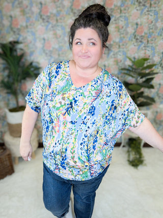 Kayse Vneck Dolman Short Sleeve in Bright Botanicals (3 colors)-1- ShortSlv/Slvless Tops-BE STAGE-Styled by Stacked - A Plus Size Women's Boutique in Lakeville, MN