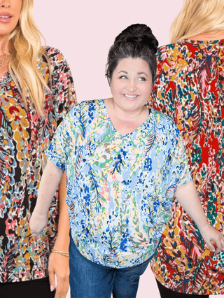 Kayse Vneck Dolman Short Sleeve in Bright Botanicals (3 colors)-1- ShortSlv/Slvless Tops-BE STAGE-Styled by Stacked - A Plus Size Women's Boutique in Lakeville, MN