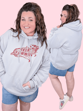 6- Graphic Tops Keep Farmin' Pullover Hoodie in Gray plus size clothing