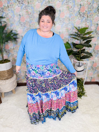 Kelly Boho Floral Print Maxi Skirt-11- Dress/Romp/Jump-WHITE BIRCH-Styled by Stacked - A Plus Size Women's Boutique in Lakeville, MN