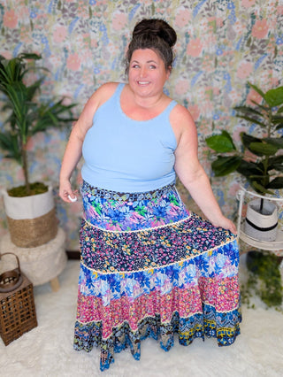 Kelly Boho Floral Print Maxi Skirt-11- Dress/Romp/Jump-WHITE BIRCH-Styled by Stacked - A Plus Size Women's Boutique in Lakeville, MN