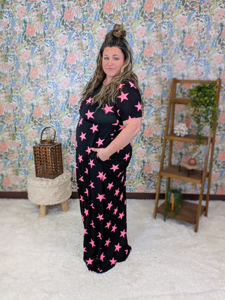 11- Dress/Romp/Jump Kelsey Short Sleeve Maxi Dress in Black + Pink Stars plus size clothing