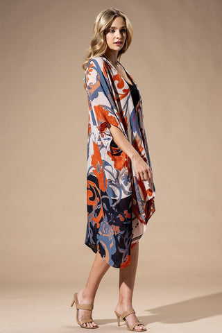 Kendall Botanical Kimono in Beige, Denim Blue + Poppy-4- Overlayer Tops-urbanista-Styled by Stacked - A Plus Size Women's Boutique in Lakeville, MN