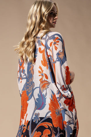 Kendall Botanical Kimono in Beige, Denim Blue + Poppy-4- Overlayer Tops-urbanista-Styled by Stacked - A Plus Size Women's Boutique in Lakeville, MN