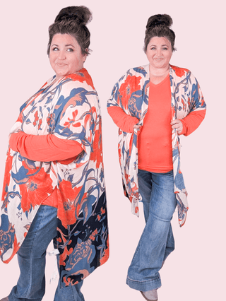 Kendall Botanical Kimono in Beige, Denim Blue + Poppy-4- Overlayer Tops-urbanista-Styled by Stacked - A Plus Size Women's Boutique in Lakeville, MN