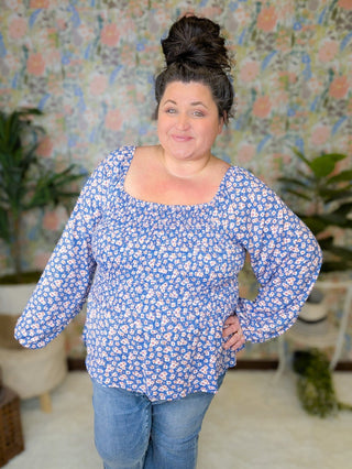 Kensie Smocked Long Sleeve Top in Navy + Pinks Floral-2- Long Sleeve Tops-WHITE BIRCH-Styled by Stacked - A Plus Size Women's Boutique in Lakeville, MN
