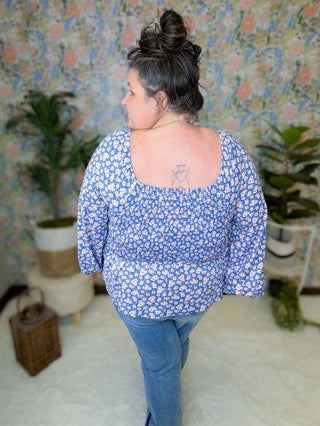 Kensie Smocked Long Sleeve Top in Navy + Pinks Floral-2- Long Sleeve Tops-WHITE BIRCH-Styled by Stacked - A Plus Size Women's Boutique in Lakeville, MN