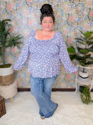 Kensie Smocked Long Sleeve Top in Navy + Pinks Floral-2- Long Sleeve Tops-WHITE BIRCH-Styled by Stacked - A Plus Size Women's Boutique in Lakeville, MN