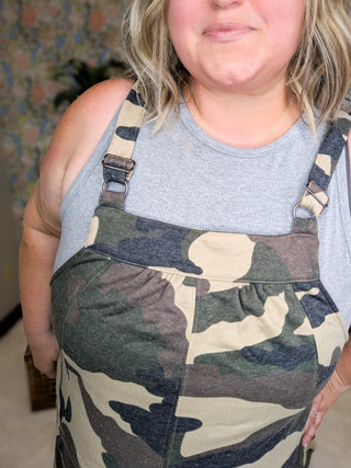 Kiera Camo Print Sweat Style Overall Shorts-11- Dress/Romp/Jump-WHITE BIRCH-Styled by Stacked - A Plus Size Women's Boutique in Lakeville, MN