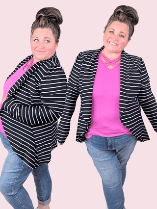 Kinsley Open Front Rounded Blazer in Black + White Stripe-4- Overlayer Tops-HEIMISH-Styled by Stacked - A Plus Size Women's Boutique in Lakeville, MN