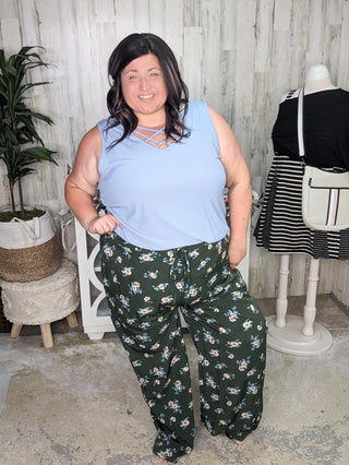 Kristen Floral Wide Leg Pants (2 colors)-10- Bottoms Non-Denim-COTTON BLEU-Styled by Stacked - A Plus Size Women's Boutique in Lakeville, MN