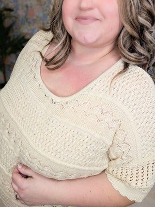 Kristina Lightweight Sweater w/Scallop Sleeve Detail-1- ShortSlv/Slvless Tops-WHITE BIRCH-Styled by Stacked - A Plus Size Women's Boutique in Lakeville, MN