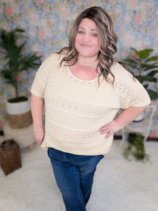 Kristina Lightweight Sweater w/Scallop Sleeve Detail-1- ShortSlv/Slvless Tops-WHITE BIRCH-Styled by Stacked - A Plus Size Women's Boutique in Lakeville, MN