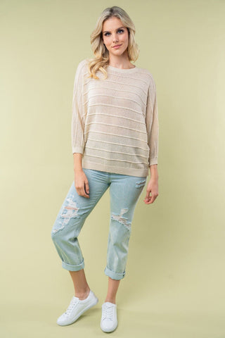 Kylie Textured Stripe 3/4 Sleeve Sweater (3 COLORS)-2- Long Sleeve Tops-WHITE BIRCH-Styled by Stacked - A Plus Size Women's Boutique in Lakeville, MN