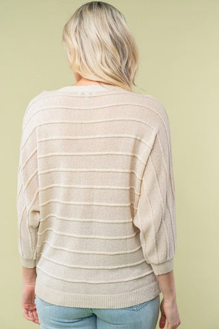 Kylie Textured Stripe 3/4 Sleeve Sweater (3 COLORS)-2- Long Sleeve Tops-WHITE BIRCH-Styled by Stacked - A Plus Size Women's Boutique in Lakeville, MN