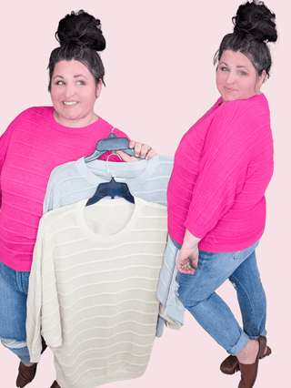 Kylie Textured Stripe 3/4 Sleeve Sweater (3 COLORS)-2- Long Sleeve Tops-WHITE BIRCH-Styled by Stacked - A Plus Size Women's Boutique in Lakeville, MN