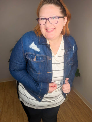 LA Lady Classic Distressed Stretch Denim Jacket (2 washes)-4- Overlayer Tops-enjean-Styled by Stacked - A Plus Size Women's Boutique in Lakeville, MN