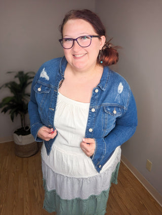 LA Lady Classic Distressed Stretch Denim Jacket (2 washes)-4- Overlayer Tops-enjean-Styled by Stacked - A Plus Size Women's Boutique in Lakeville, MN