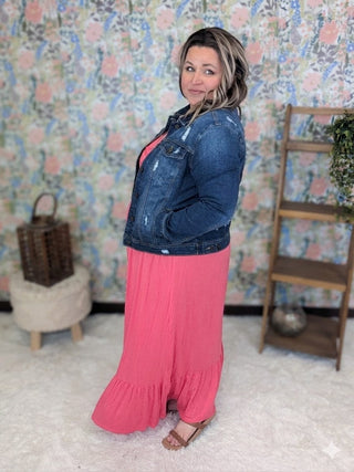 4- Overlayer Tops LA Lady Classic Distressed Stretch Denim Jacket (2 washes) plus size clothing