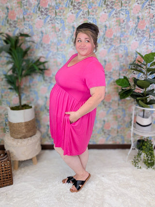 Lana Short Sleeve Vneck Babydoll Dress in Solid Pink-11- Dress/Romp/Jump-HEIMISH-Styled by Stacked - A Plus Size Women's Boutique in Lakeville, MN