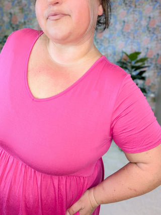 Lana Short Sleeve Vneck Babydoll Dress in Solid Pink-11- Dress/Romp/Jump-HEIMISH-Styled by Stacked - A Plus Size Women's Boutique in Lakeville, MN