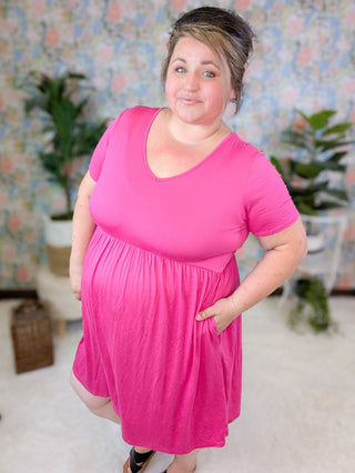 Lana Short Sleeve Vneck Babydoll Dress in Solid Pink-11- Dress/Romp/Jump-HEIMISH-Styled by Stacked - A Plus Size Women's Boutique in Lakeville, MN
