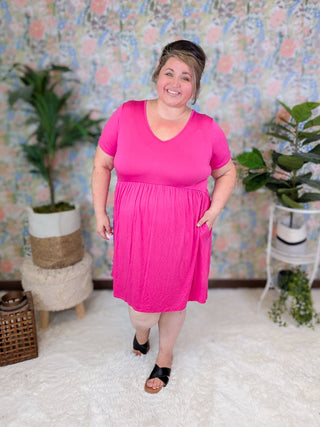 Lana Short Sleeve Vneck Babydoll Dress in Solid Pink-11- Dress/Romp/Jump-HEIMISH-Styled by Stacked - A Plus Size Women's Boutique in Lakeville, MN