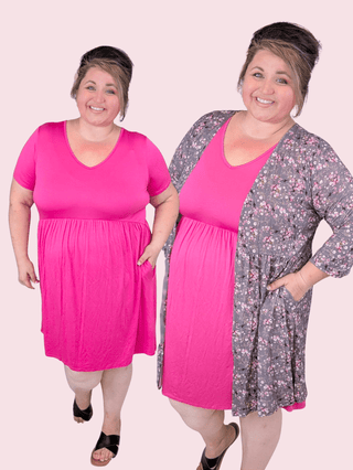 Lana Short Sleeve Vneck Babydoll Dress in Solid Pink-11- Dress/Romp/Jump-HEIMISH-Styled by Stacked - A Plus Size Women's Boutique in Lakeville, MN