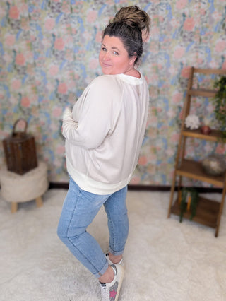 2- Long Sleeve Tops Laura Scuba Vneck Pullover in Taupe + Ivory plus size clothing