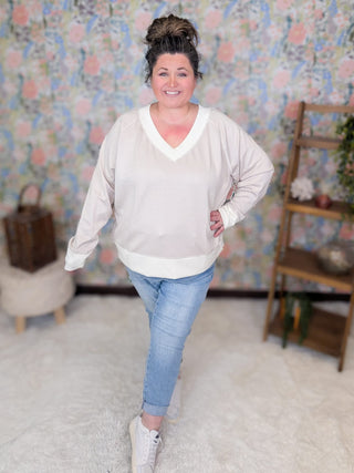 2- Long Sleeve Tops Laura Scuba Vneck Pullover in Taupe + Ivory plus size clothing