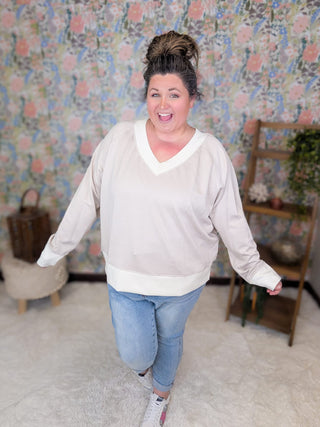 2- Long Sleeve Tops Laura Scuba Vneck Pullover in Taupe + Ivory plus size clothing