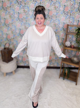2- Long Sleeve Tops Laura Scuba Vneck Pullover in Taupe + Ivory plus size clothing