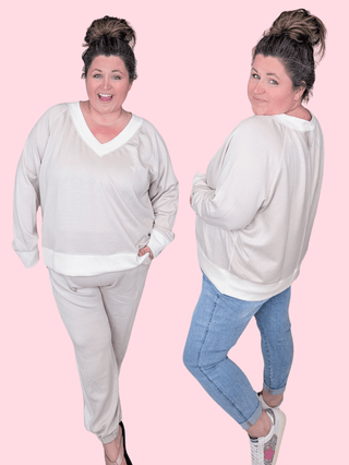 2- Long Sleeve Tops Laura Scuba Vneck Pullover in Taupe + Ivory plus size clothing