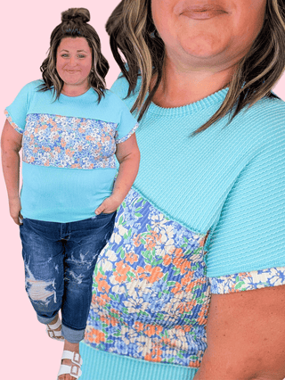 1- ShortSlv/Slvless Tops Leah Short Sleeve Floral Block Top in Aqua Mint plus size clothing