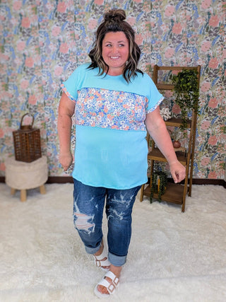 1- ShortSlv/Slvless Tops Leah Short Sleeve Floral Block Top in Aqua Mint plus size clothing