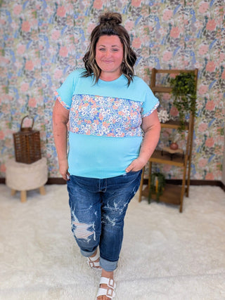 1- ShortSlv/Slvless Tops Leah Short Sleeve Floral Block Top in Aqua Mint plus size clothing