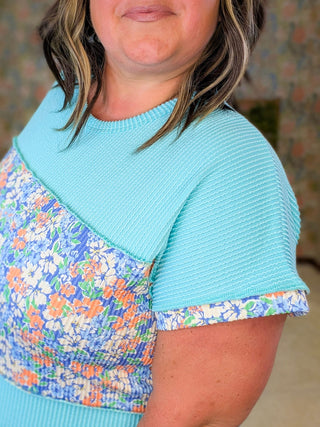 1- ShortSlv/Slvless Tops Leah Short Sleeve Floral Block Top in Aqua Mint plus size clothing
