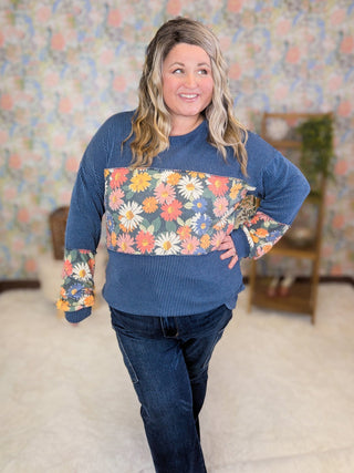 Leela Urban Ribbed Floral Block Long Sleeve in Denim Blue-2- Long Sleeve Tops-HEIMISH-Styled by Stacked - A Plus Size Women's Boutique in Lakeville, MN