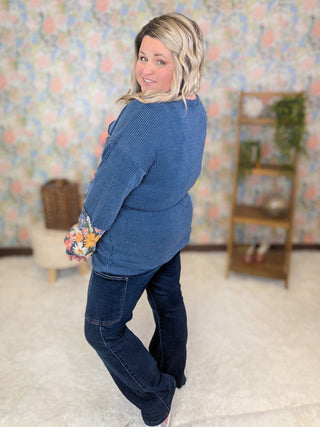 Leela Urban Ribbed Floral Block Long Sleeve in Denim Blue-2- Long Sleeve Tops-HEIMISH-Styled by Stacked - A Plus Size Women's Boutique in Lakeville, MN