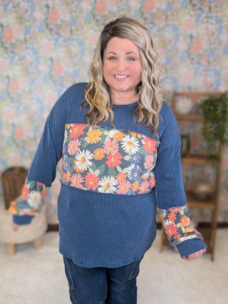 Leela Urban Ribbed Floral Block Long Sleeve in Denim Blue-2- Long Sleeve Tops-HEIMISH-Styled by Stacked - A Plus Size Women's Boutique in Lakeville, MN