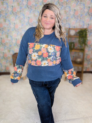 Leela Urban Ribbed Floral Block Long Sleeve in Denim Blue-2- Long Sleeve Tops-HEIMISH-Styled by Stacked - A Plus Size Women's Boutique in Lakeville, MN